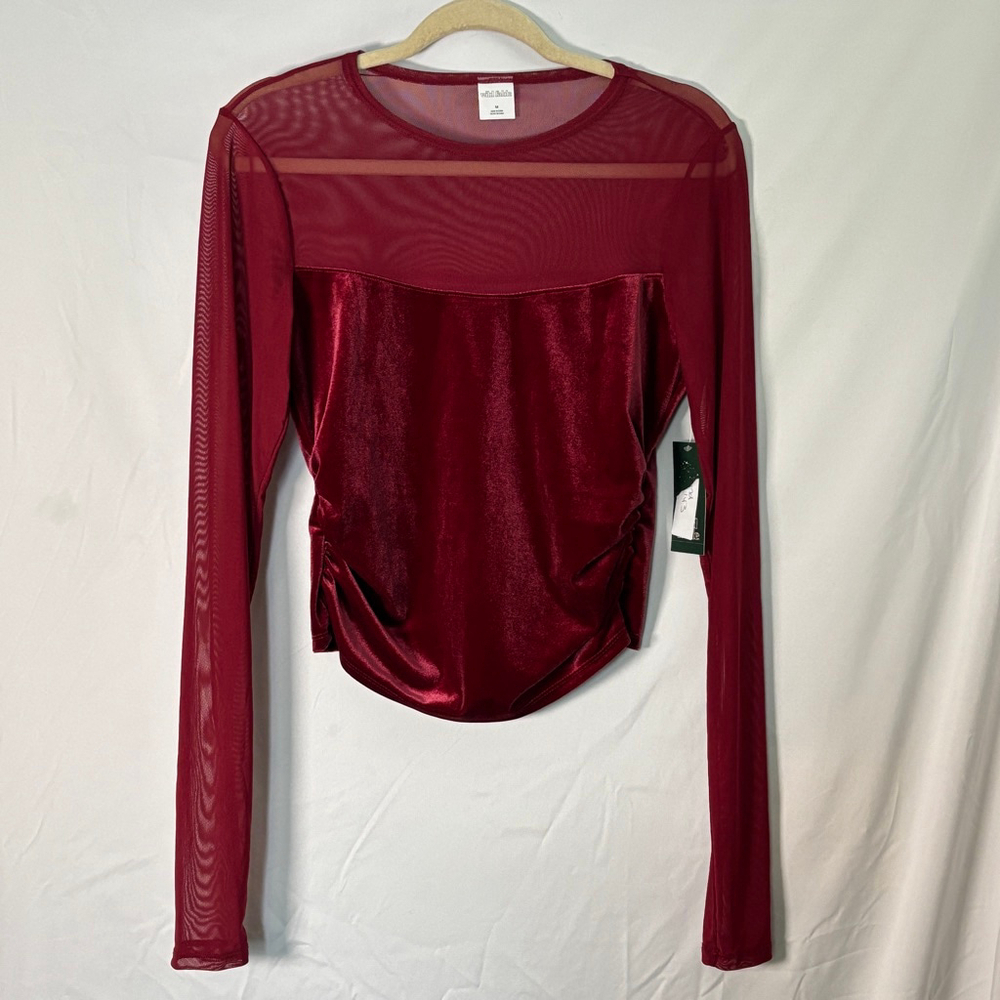 Burgundy Velvet Mesh Top Sheer Long Sleeve Y2K 2000s Goth Fairy Grunge NWT Med